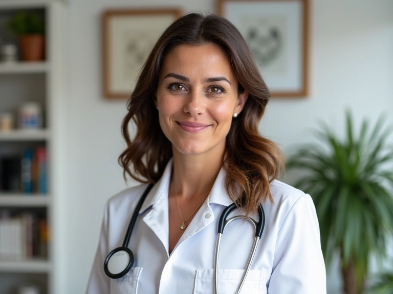 Ritratto professionale di una nutrizionista in un ambiente moderno e pulito, che trasmette competenza e accessibilità.