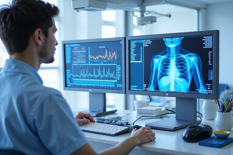 Illustrazione di strumenti diagnostici avanzati in un ambiente clinico, con grafici e dati sullo schermo, senza testo.