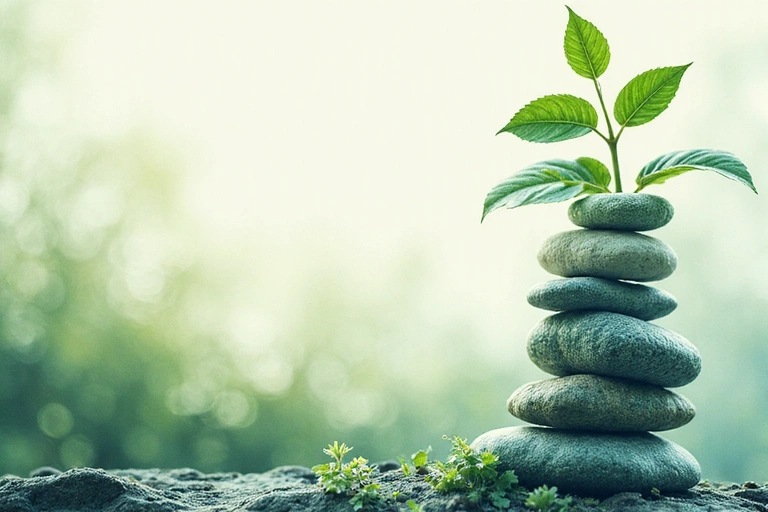 Rappresentazione astratta di un approccio strutturato e scientifico al benessere, che utilizza elementi naturali, senza testo.