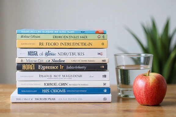 Una pila di libri sulle scienze della nutrizione su una scrivania, con una mela e un bicchiere d'acqua.