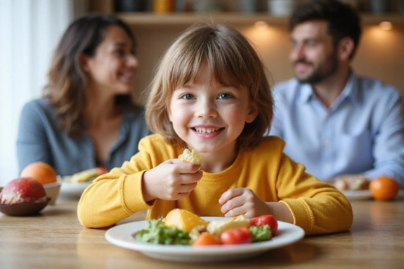 Bambino sorridente che mangia frutta e verdura colorata a tavola, con i genitori sullo sfondo.