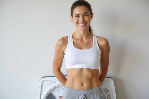 Donna che si pesa su una bilancia, sorridente e in forma, simbolo di successo nella gestione del peso.